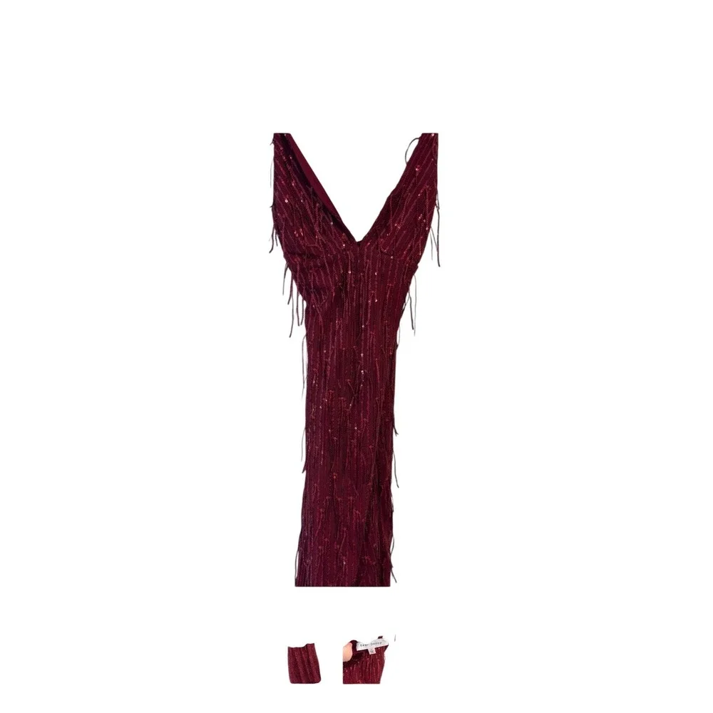 Bear dance Burgundy Sequin‎ Fringe Mini Dress - Size Small - Open Lace Up Back